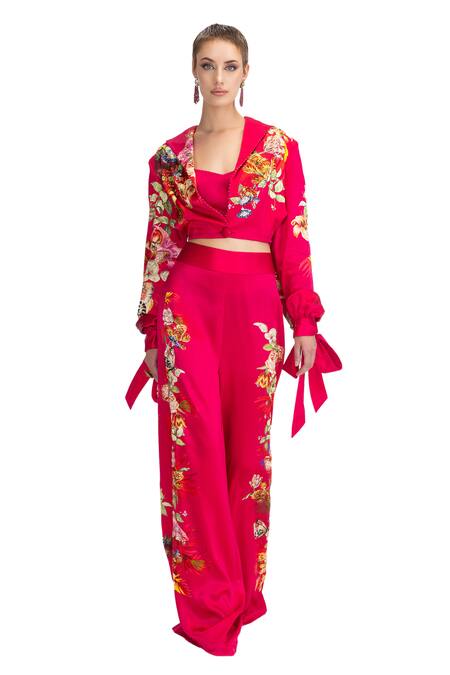 Shop Eeksha Fuchsia Silk Satin Embroidery, Sequins Collared Printed Cropped Blazer Pant Set Online at Aza Fashions Shop_Eeksha_Fuchsia Silk Satin Embroidery, Sequins Collared Printed Cropped Blazer Pant Set _Online_at_Aza_Fashions