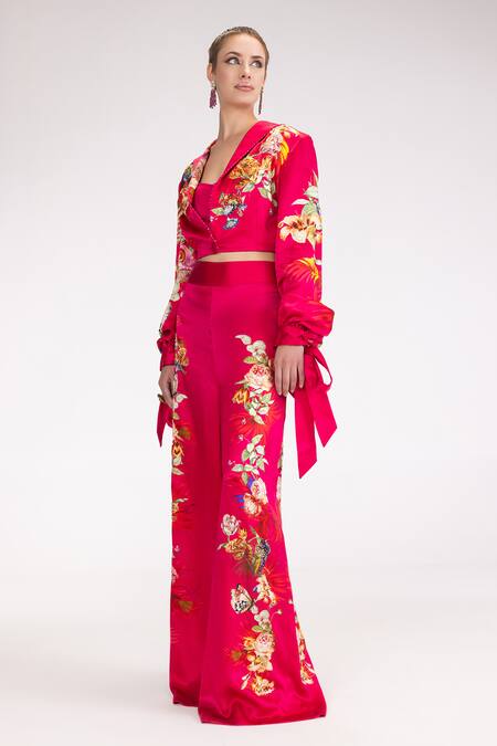 Eeksha Fuchsia Silk Satin Embroidery, Sequins Collared Printed Cropped Blazer Pant Set at Aza Fashions Eeksha_Fuchsia Silk Satin Embroidery, Sequins Collared Printed Cropped Blazer Pant Set _at_Aza_Fashions