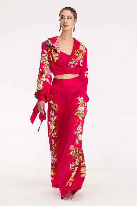 Buy Eeksha Fuchsia Silk Satin Embroidery, Sequins Collared Printed Cropped Blazer Pant Set Buy_Eeksha_Fuchsia Silk Satin Embroidery, Sequins Collared Printed Cropped Blazer Pant Set