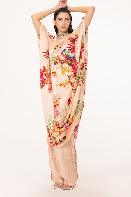 Shop Eeksha Peach Silk Satin Sequins, Embroidery Tropical Placement Print Draped Dress at Aza Fashions Shop_Eeksha_Peach Silk Satin Sequins, Embroidery Tropical Placement Print Draped Dress _at_Aza_Fashions