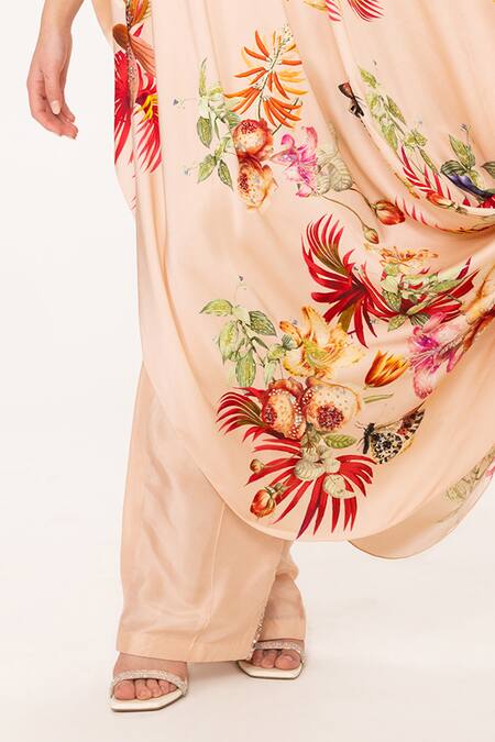 Eeksha Peach Silk Satin Sequins, Embroidery Tropical Placement Print Draped Dress Online at Aza Fashions Eeksha_Peach Silk Satin Sequins, Embroidery Tropical Placement Print Draped Dress _Online_at_Aza_Fashions