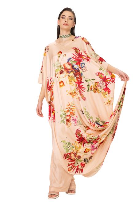 Buy Eeksha Peach Silk Satin Sequins, Embroidery Tropical Placement Print Draped Dress Online at Aza Fashions Buy_Eeksha_Peach Silk Satin Sequins, Embroidery Tropical Placement Print Draped Dress _Online_at_Aza_Fashions