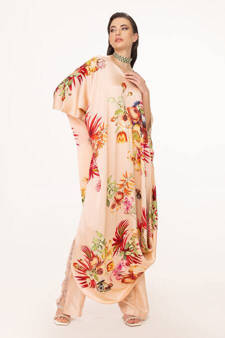Shop Eeksha Peach Silk Satin Sequins, Embroidery Tropical Placement Print Draped Dress Online at Aza Fashions Shop_Eeksha_Peach Silk Satin Sequins, Embroidery Tropical Placement Print Draped Dress _Online_at_Aza_Fashions