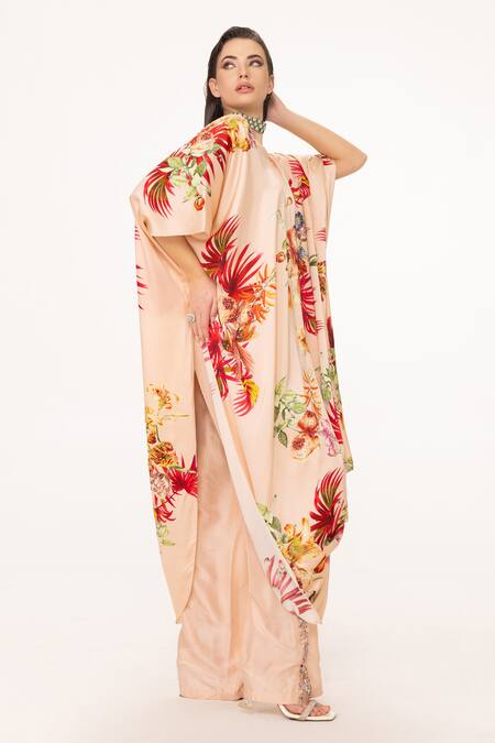 Eeksha Peach Silk Satin Sequins, Embroidery Tropical Placement Print Draped Dress at Aza Fashions Eeksha_Peach Silk Satin Sequins, Embroidery Tropical Placement Print Draped Dress _at_Aza_Fashions