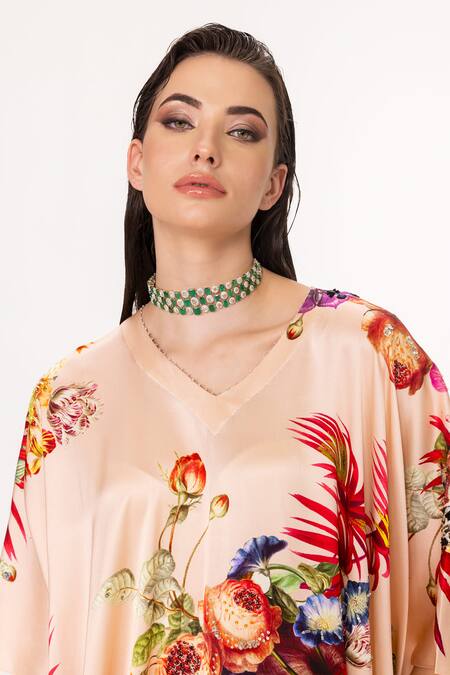 Buy_Eeksha_Peach Silk Satin Sequins, Embroidery Tropical Placement Print Draped Dress 