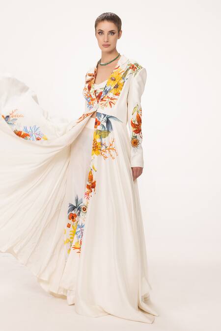 Shop Eeksha White Silk , Sequins, Beads V-neck, Bloom Print Jacket Pant Set at Aza Fashions Shop_Eeksha_White Silk , Sequins, Beads V-neck, Bloom Print Jacket Pant Set _at_Aza_Fashions