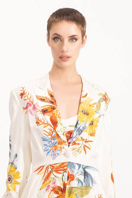 Eeksha White Silk , Sequins, Beads V-neck, Bloom Print Jacket Pant Set Online at Aza Fashions Eeksha_White Silk , Sequins, Beads V-neck, Bloom Print Jacket Pant Set _Online_at_Aza_Fashions