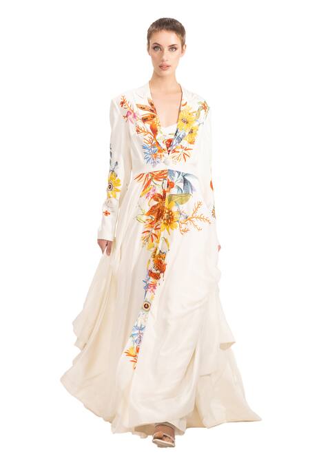 Shop Eeksha White Silk , Sequins, Beads V-neck, Bloom Print Jacket Pant Set Online at Aza Fashions Shop_Eeksha_White Silk , Sequins, Beads V-neck, Bloom Print Jacket Pant Set _Online_at_Aza_Fashions