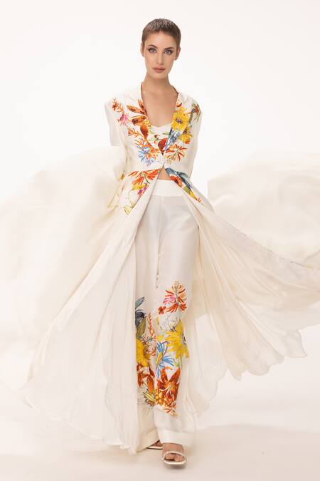 Eeksha White Silk , Sequins, Beads V-neck, Bloom Print Jacket Pant Set at Aza Fashions Eeksha_White Silk , Sequins, Beads V-neck, Bloom Print Jacket Pant Set _at_Aza_Fashions