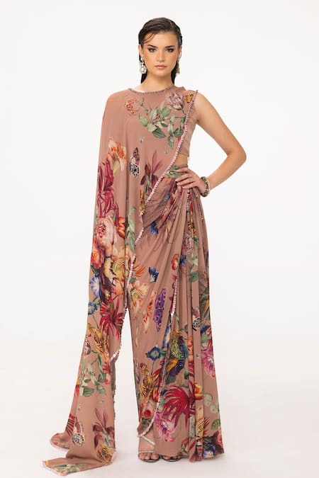 EEKSHA Printed Draped Top & Layered Draped Skirt Set 