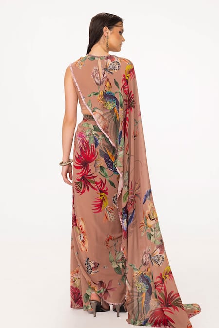 Shop_Eeksha_Brown , Satin, Printed Top And Layered Skirt Set _at_Aza_Fashions