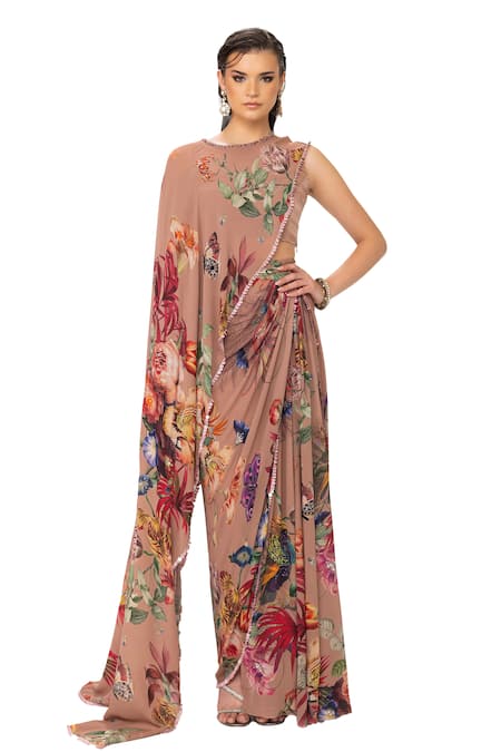 Eeksha Brown , Satin, Printed Top And Layered Skirt Set Online at Aza Fashions Eeksha_Brown , Satin, Printed Top And Layered Skirt Set _Online_at_Aza_Fashions