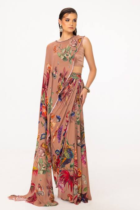 Buy_Eeksha_Brown , Satin, Printed Top And Layered Skirt Set _Online_at_Aza_Fashions