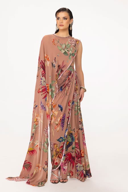 Shop_Eeksha_Brown , Satin, Printed Top And Layered Skirt Set _Online_at_Aza_Fashions