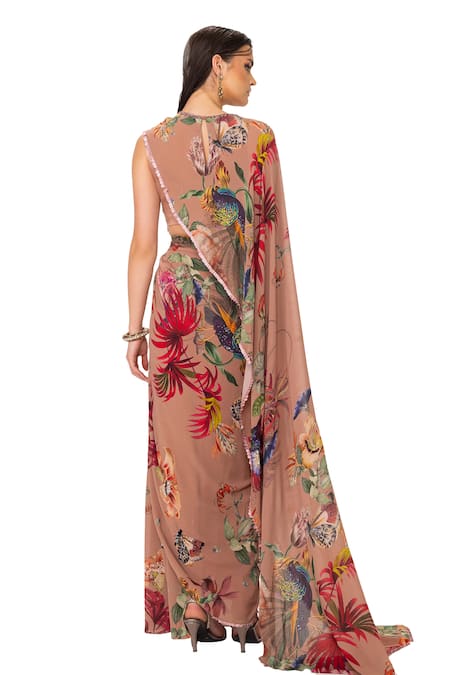 Eeksha Brown , Satin, Printed Top And Layered Skirt Set at Aza Fashions Eeksha_Brown , Satin, Printed Top And Layered Skirt Set _at_Aza_Fashions