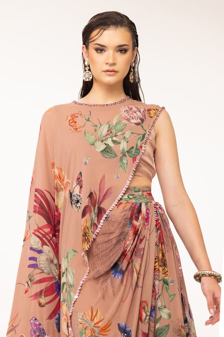 Buy Eeksha Brown , Satin, Printed Top And Layered Skirt Set Buy_Eeksha_Brown , Satin, Printed Top And Layered Skirt Set