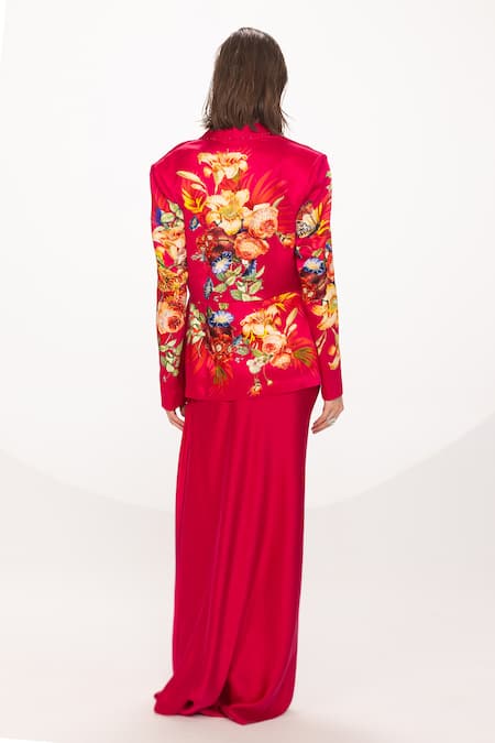 Eeksha Fuchsia Silk Satin Sequins, Embroidery Rose Print Blazer Pick Up Skirt Set Online at Aza Fashions Eeksha_Fuchsia Silk Satin Sequins, Embroidery Rose Print Blazer Pick Up Skirt Set _Online_at_Aza_Fashions