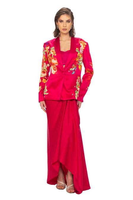 Buy Eeksha Fuchsia Silk Satin Sequins, Embroidery Rose Print Blazer Pick Up Skirt Set Online at Aza Fashions Buy_Eeksha_Fuchsia Silk Satin Sequins, Embroidery Rose Print Blazer Pick Up Skirt Set _Online_at_Aza_Fashions