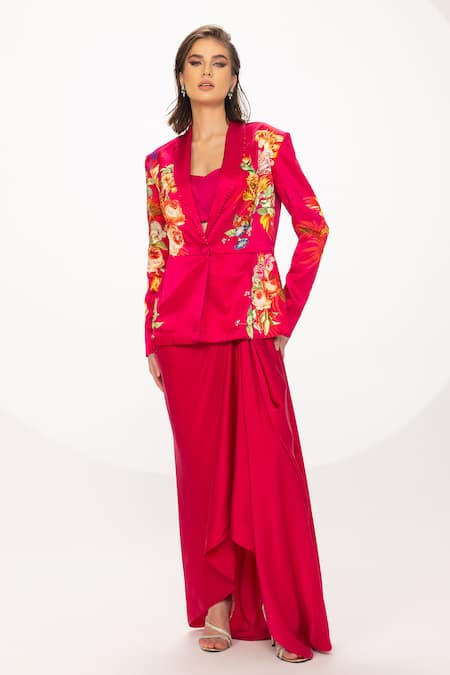 Shop Eeksha Fuchsia Silk Satin Sequins, Embroidery Rose Print Blazer Pick Up Skirt Set Online at Aza Fashions Shop_Eeksha_Fuchsia Silk Satin Sequins, Embroidery Rose Print Blazer Pick Up Skirt Set _Online_at_Aza_Fashions