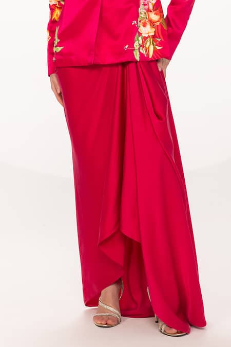 Eeksha Fuchsia Silk Satin Sequins, Embroidery Rose Print Blazer Pick Up Skirt Set at Aza Fashions Eeksha_Fuchsia Silk Satin Sequins, Embroidery Rose Print Blazer Pick Up Skirt Set _at_Aza_Fashions