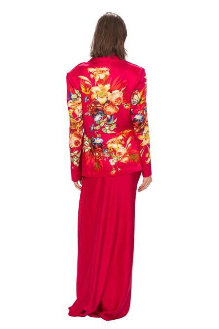 Buy Eeksha Fuchsia Silk Satin Sequins, Embroidery Rose Print Blazer Pick Up Skirt Set Buy_Eeksha_Fuchsia Silk Satin Sequins, Embroidery Rose Print Blazer Pick Up Skirt Set