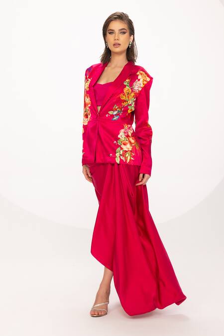 Shop Eeksha Fuchsia Silk Satin Sequins, Embroidery Rose Print Blazer Pick Up Skirt Set Shop_Eeksha_Fuchsia Silk Satin Sequins, Embroidery Rose Print Blazer Pick Up Skirt Set