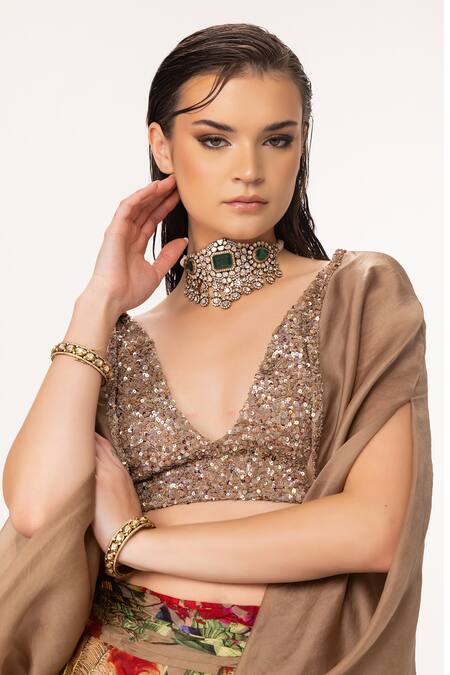 Eeksha Beige , Organza, Silk Sequins, Cowl Blouse And Lehenga Skirt Set at Aza Fashions Eeksha_Beige , Organza, Silk Sequins, Cowl Blouse And Lehenga Skirt Set _at_Aza_Fashions