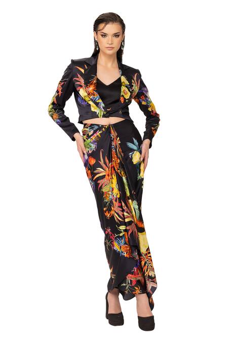Buy_Eeksha_Black Silk Satin Sequins, Embroidery Botanical Print Blazer And Draped Skirt Set _Online_at_Aza_Fashions