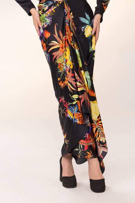 Shop_Eeksha_Black Silk Satin Sequins, Embroidery Botanical Print Blazer And Draped Skirt Set _Online_at_Aza_Fashions