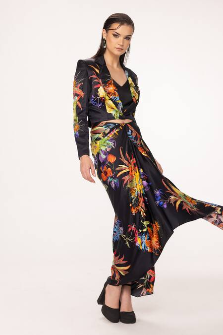 Buy_Eeksha_Black Silk Satin Sequins, Embroidery Botanical Print Blazer And Draped Skirt Set 