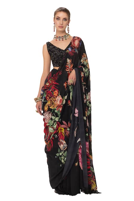 Buy_Eeksha_Black Satin, Satin, Organza Sequins Floral Print Saree With Blouse _Online_at_Aza_Fashions