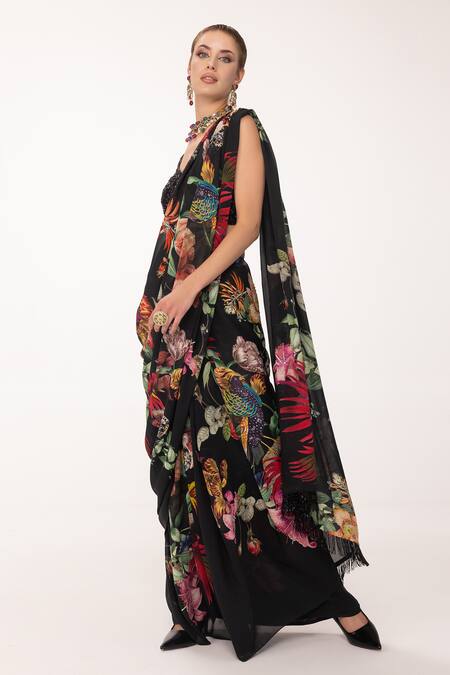 Eeksha_Black Satin, Satin, Organza Sequins Floral Print Saree With Blouse _at_Aza_Fashions