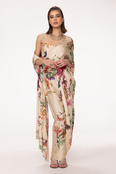 Eeksha_Ivory Satin, Organza Floral Print Pre-draped Saree With Blouse _Online_at_Aza_Fashions