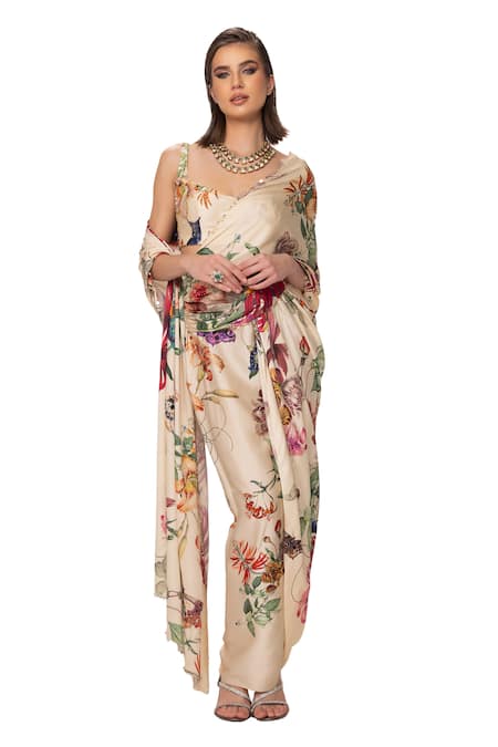 Buy_Eeksha_Ivory Satin, Organza Floral Print Pre-draped Saree With Blouse _Online_at_Aza_Fashions