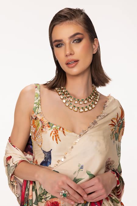 Shop_Eeksha_Ivory Satin, Organza Floral Print Pre-draped Saree With Blouse _Online_at_Aza_Fashions