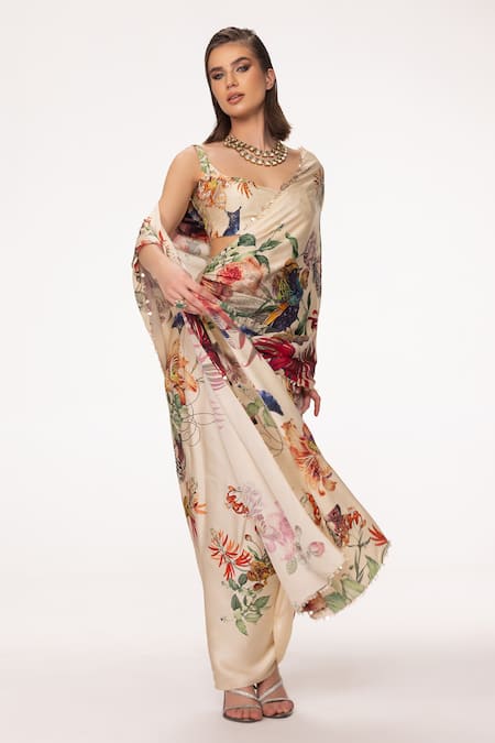 Eeksha_Ivory Satin, Organza Floral Print Pre-draped Saree With Blouse _at_Aza_Fashions