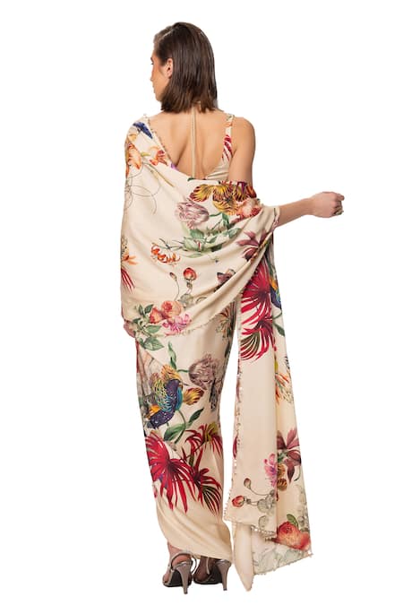 Buy_Eeksha_Ivory Satin, Organza Floral Print Pre-draped Saree With Blouse 