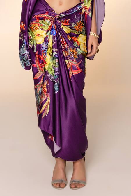 Buy Eeksha Purple Silk Satin Sequins, Embroidery Botanical Print Capelet Knotted Skirt Set Online at Aza Fashions Buy_Eeksha_Purple Silk Satin Sequins, Embroidery Botanical Print Capelet Knotted Skirt Set _Online_at_Aza_Fashions