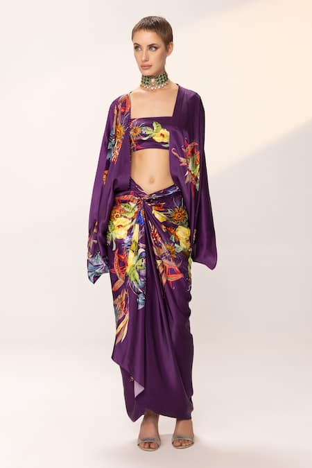Shop Eeksha Purple Silk Satin Sequins, Embroidery Botanical Print Capelet Knotted Skirt Set Online at Aza Fashions Shop_Eeksha_Purple Silk Satin Sequins, Embroidery Botanical Print Capelet Knotted Skirt Set _Online_at_Aza_Fashions