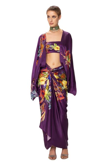 Eeksha Purple Silk Satin Sequins, Embroidery Botanical Print Capelet Knotted Skirt Set at Aza Fashions Eeksha_Purple Silk Satin Sequins, Embroidery Botanical Print Capelet Knotted Skirt Set _at_Aza_Fashions