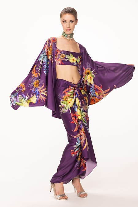 Buy Eeksha Purple Silk Satin Sequins, Embroidery Botanical Print Capelet Knotted Skirt Set Buy_Eeksha_Purple Silk Satin Sequins, Embroidery Botanical Print Capelet Knotted Skirt Set