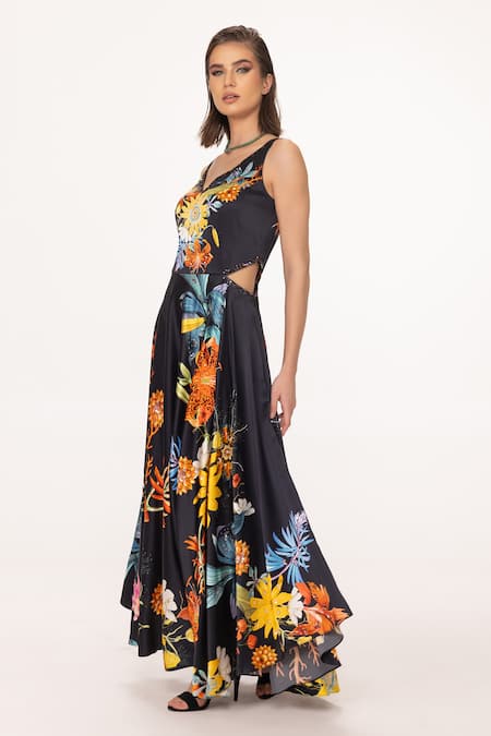 Shop_Eeksha_Black Silk Satin Printed Bloom V Cut Out Dress  _at_Aza_Fashions