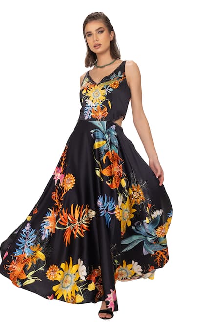 Eeksha_Black Silk Satin Printed Bloom V Cut Out Dress  _Online_at_Aza_Fashions