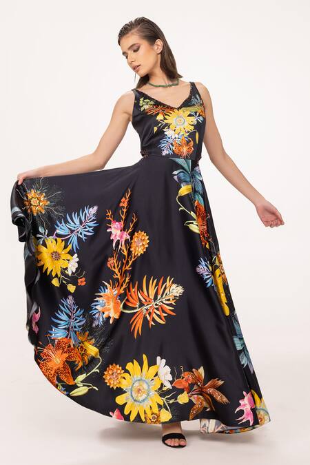 Buy_Eeksha_Black Silk Satin Printed Bloom V Cut Out Dress  _Online_at_Aza_Fashions