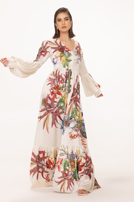 Shop_Eeksha_Ivory Silk Satin Printed Victorian Floral V Dress  _at_Aza_Fashions