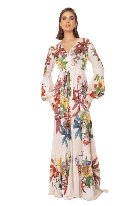 Eeksha_Ivory Silk Satin Printed Victorian Floral V Dress  _Online_at_Aza_Fashions