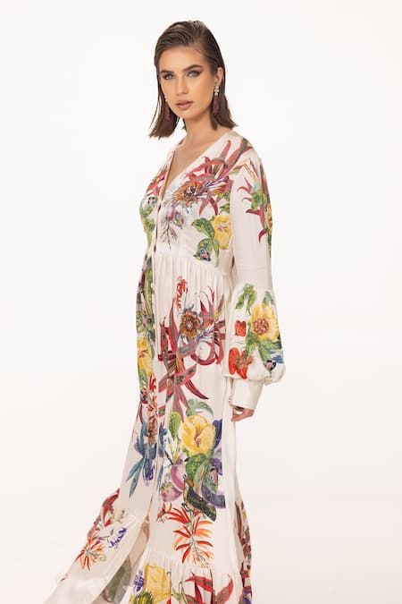 Buy_Eeksha_Ivory Silk Satin Printed Victorian Floral V Dress  _Online_at_Aza_Fashions