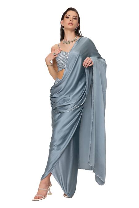 Eeksha Blue Satin, Border Embroidered Pre-draped Skirt Saree With Blouse Online at Aza Fashions Eeksha_Blue Satin, Border Embroidered Pre-draped Skirt Saree With Blouse _Online_at_Aza_Fashions