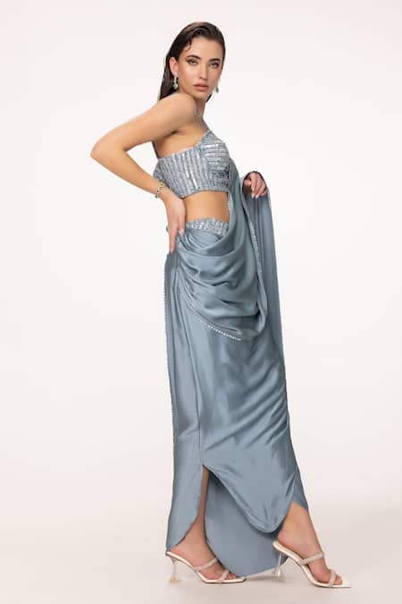 Buy Eeksha Blue Satin, Border Embroidered Pre-draped Skirt Saree With Blouse Online at Aza Fashions Buy_Eeksha_Blue Satin, Border Embroidered Pre-draped Skirt Saree With Blouse _Online_at_Aza_Fashions