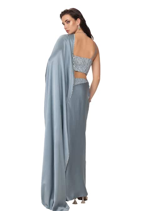 Eeksha Blue Satin, Border Embroidered Pre-draped Skirt Saree With Blouse at Aza Fashions Eeksha_Blue Satin, Border Embroidered Pre-draped Skirt Saree With Blouse _at_Aza_Fashions